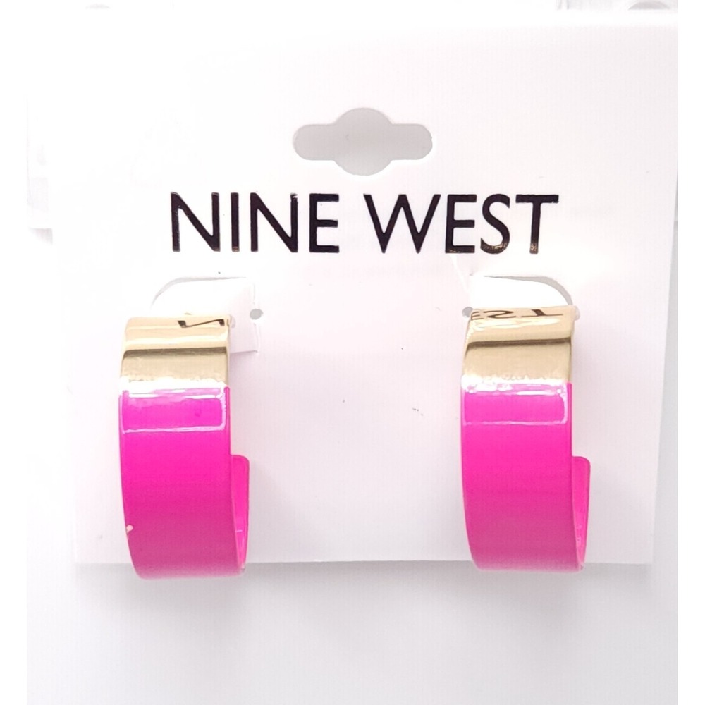 Nine West Pink Hoop‎ Earrings Gold Enamel Curved NWT
